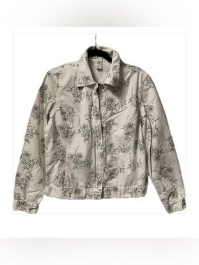 Geoffrey Beene Sport White Denim Jacket  Floral Print Sz 12 100% Cotton